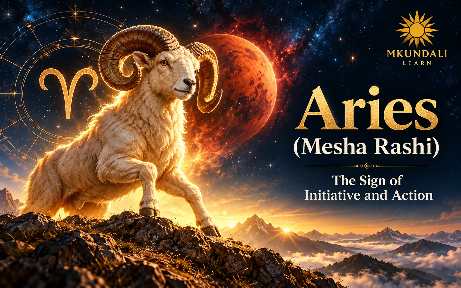 Aries (Mesha Rashi) — sign of initiative and action, Vedic astrology illustration